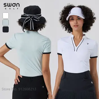 Летние женские рубашки для гольфа с короткими рукавами, тонкие топы с V-образным вырезом, быстросохнущие футболки для гольфа, женская спортивная одежда из джерси для занятий спортом на открытом воздухе