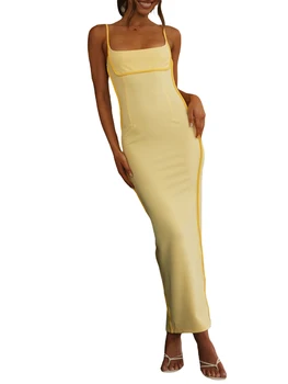 Женское летнее длинное приталенное платье без рукавов контрастного цвета с разрезным подолом на бретельках-спагетти