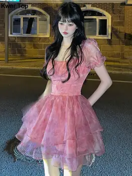 Женское Летнее Розовое Короткое вечернее платье с цветочным рисунком, мини-платья Kawaii, фея на День рождения, Лолита, женская модная тонкая одежда принцессы