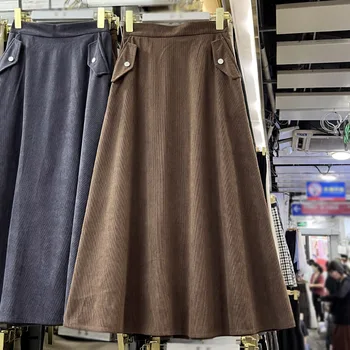 Винтажная вельветовая длинная юбка для женщин 2023, осенние повседневные юбки с карманами, женская модная юбка, женский всемогущий французский стиль, прямая поставка
