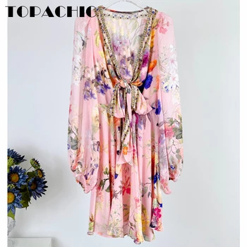 1.11 Женское платье из ТОПОВОГО шелка с цветочным принтом, мини-платье с V-образным вырезом на шнуровке в пляжном курортном стиле.