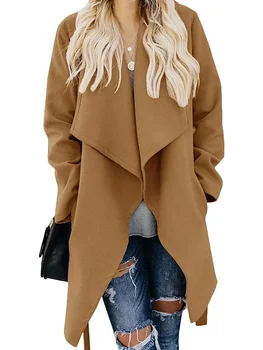 Повседневное шерстяное пальто для женщин, уличная одежда с длинным рукавом, винтажные куртки, Однотонные Свободные карманы на шнуровке, Новые осенне-зимние пальто