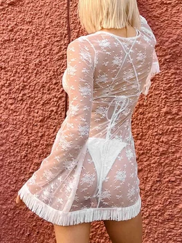 Женское летнее прозрачное коктейльное платье Белого цвета с длинным рукавом и кисточками, мини-кружевные платья