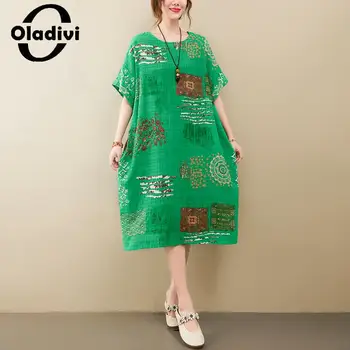 Женское платье миди с коротким рукавом и модным принтом Oladivi 2023, летние новые повседневные свободные платья, винтажная женская одежда оверсайз 6891
