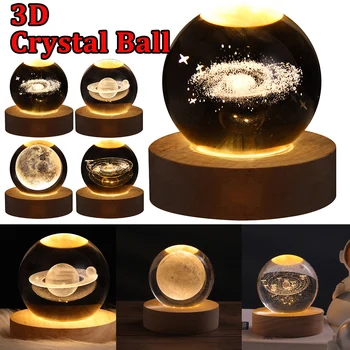 USB светодиодный ночник, лампа с хрустальным шаром Galaxy, 3D лампа planet moon, украшение для дома