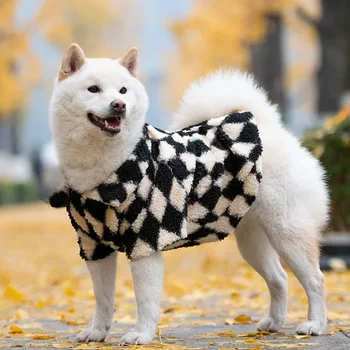 Черно-белая одежда для домашних животных в шахматном порядке, хлопчатобумажная одежда для собак, утепленная толстовка с защитой шеи корги сиба-ину