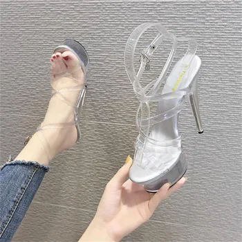 Женская обувь для ночного клуба и подиума, пикантные прозрачные водонепроницаемые туфли для танцев на шесте, стеклянные туфли, босоножки на высоком каблуке 15 см